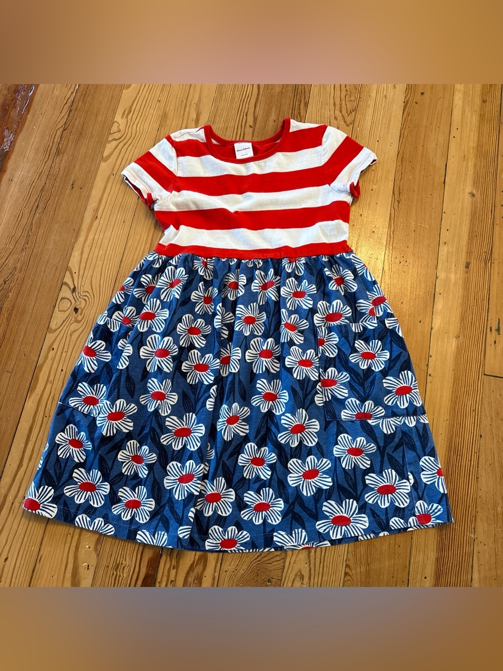 Hanna Andersson Red White & Blue Striped Flower Dress Girls Size 8 Pockets